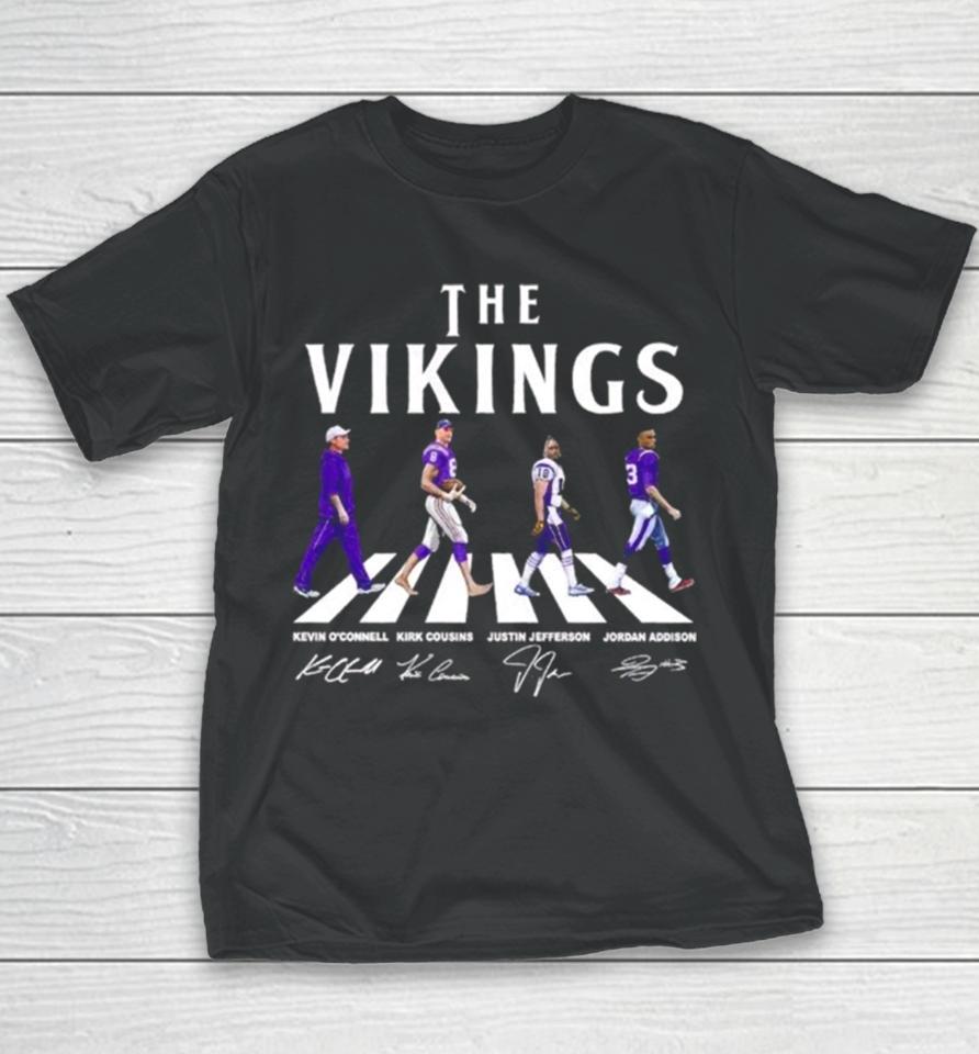 The Vikings Kevin O’connell Kirk Cousins Justin Jefferson Jordan Addison Walking Abbey Road Signatures Youth T-Shirt