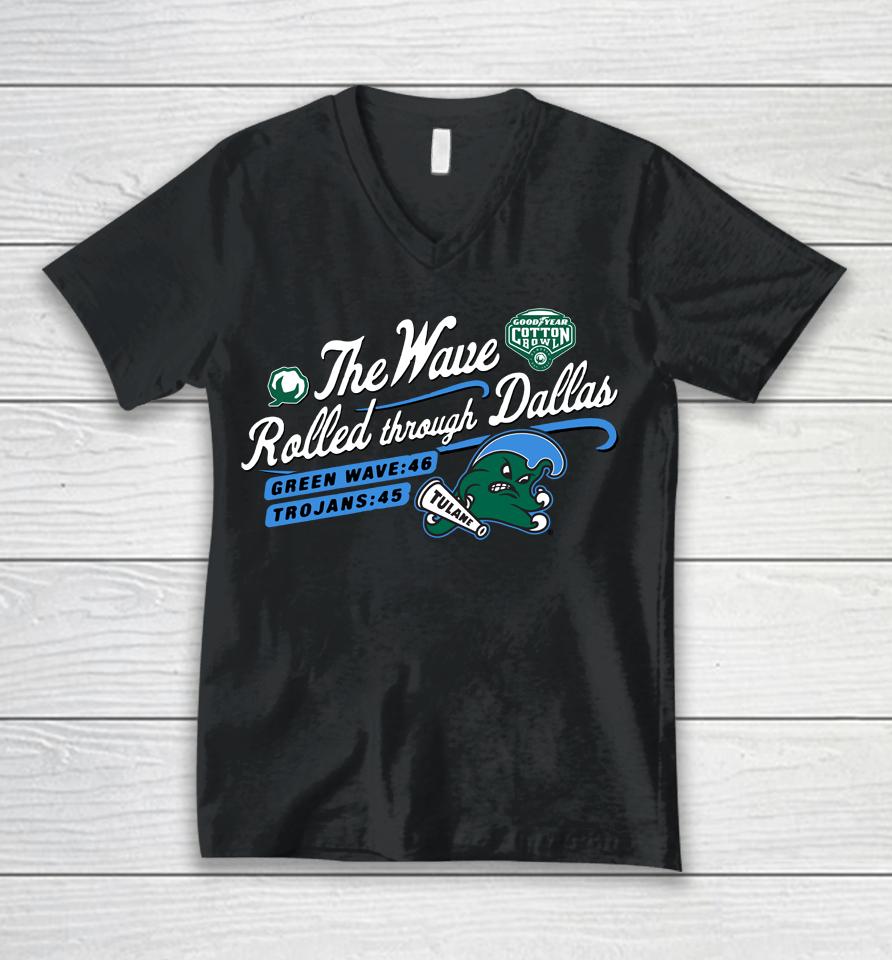 The Wave Rolled Though Dallas Tulane Green Wave 2023 Citrus Bowl Champions Unisex V-Neck T-Shirt