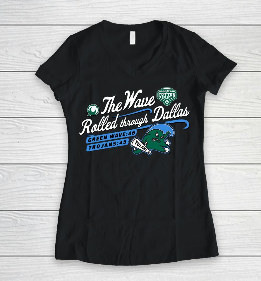 The Wave Rolled Though Dallas Tulane Green Wave 2023 Citrus Bowl Champions Women V-Neck T-Shirt