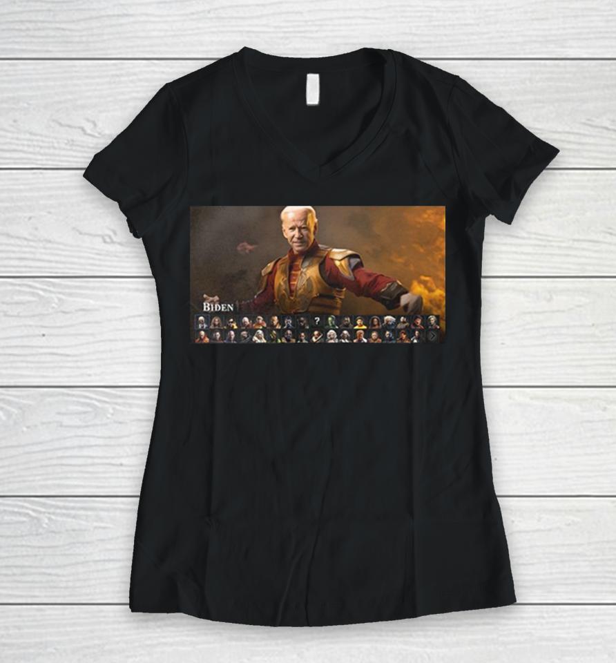 This Celebrity Mortal Kombat 1 Concept With Joe Biden Women V-Neck T-Shirt