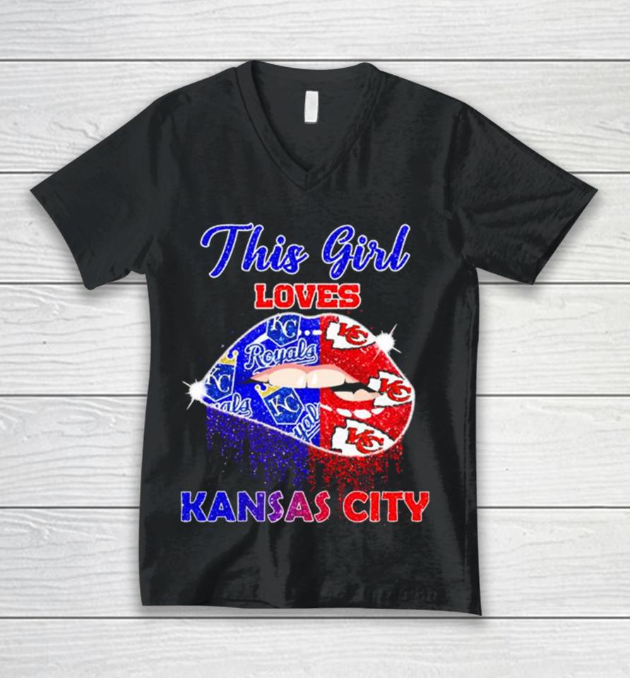 This Girl Loves Her Kansas City Chiefs And Kansas City Royals Lips Diamonds Unisex V-Neck T-Shirt