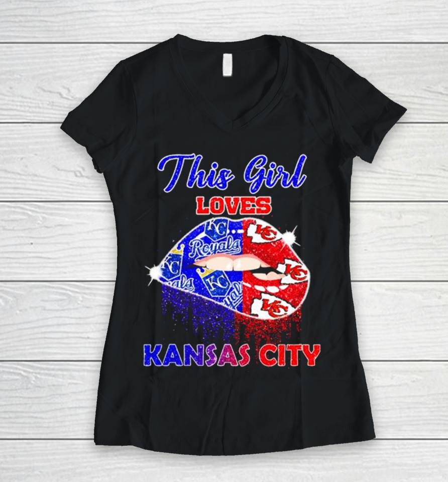 This Girl Loves Her Kansas City Chiefs And Kansas City Royals Lips Diamonds Women V-Neck T-Shirt