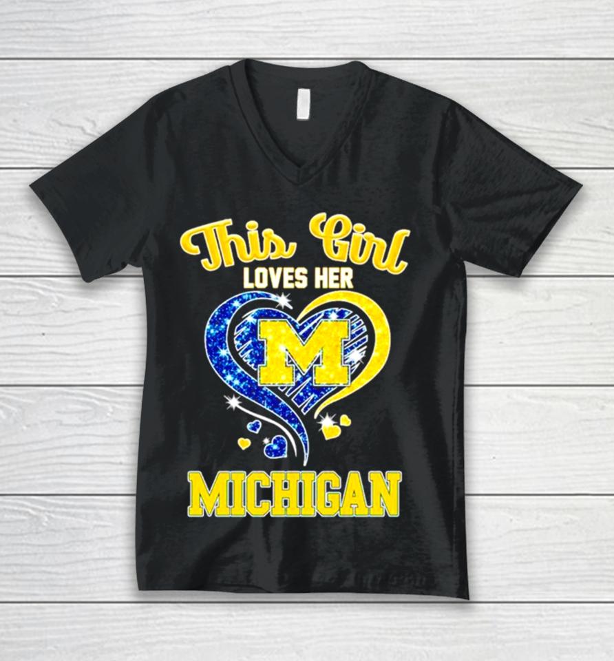 This Girl Loves Her Michigan Wolverines Heart Unisex V-Neck T-Shirt