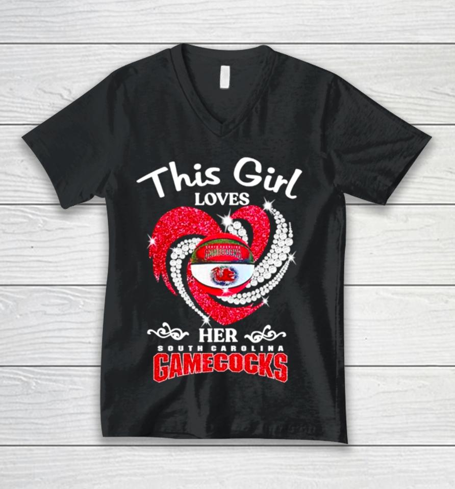 This Girl Loves Her South Carolina Gamecocks Diamond Heart Unisex V-Neck T-Shirt