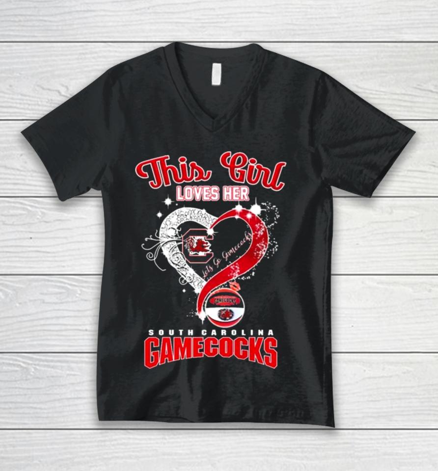 This Girl Loves Her South Carolina Gamecocks Heart Let’s Go Gamecocks Unisex V-Neck T-Shirt
