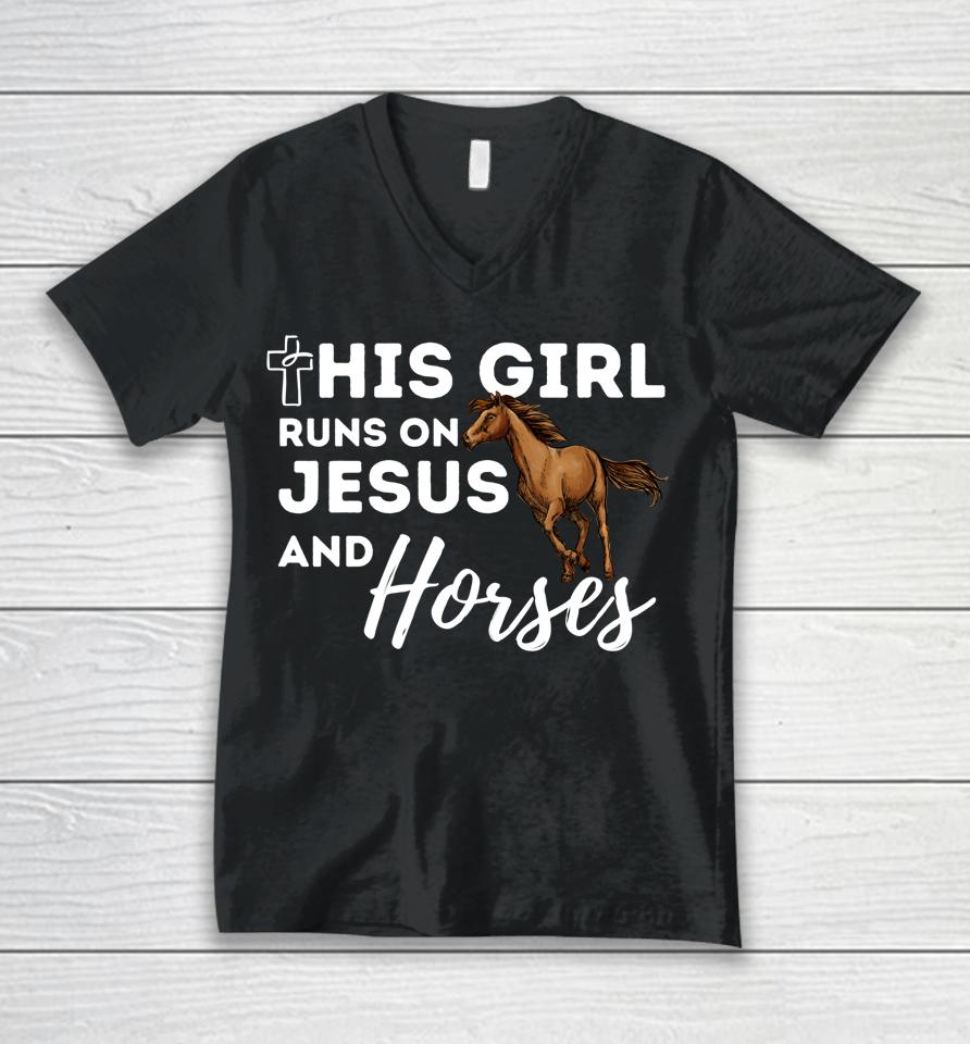 This Girl Runs On Jesus And Horses Christian Horse Lover Unisex V-Neck T-Shirt