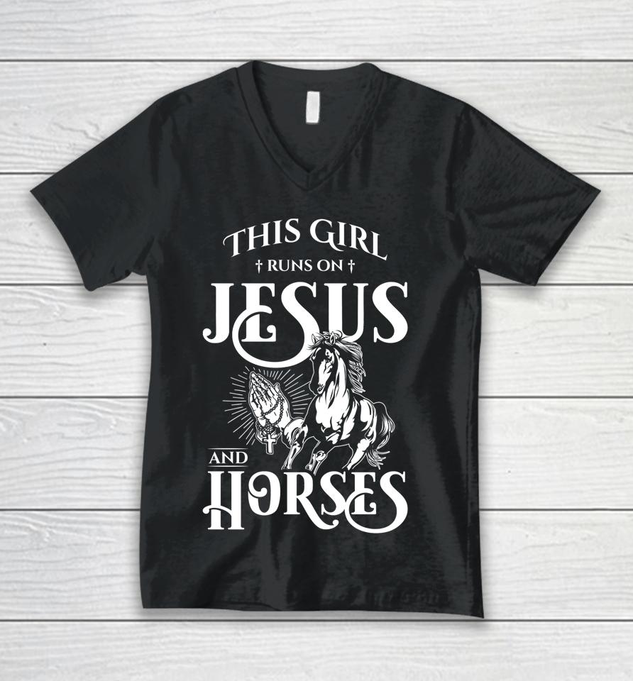 This Girl Runs On Jesus And Horses Horse Lover Gift Unisex V-Neck T-Shirt