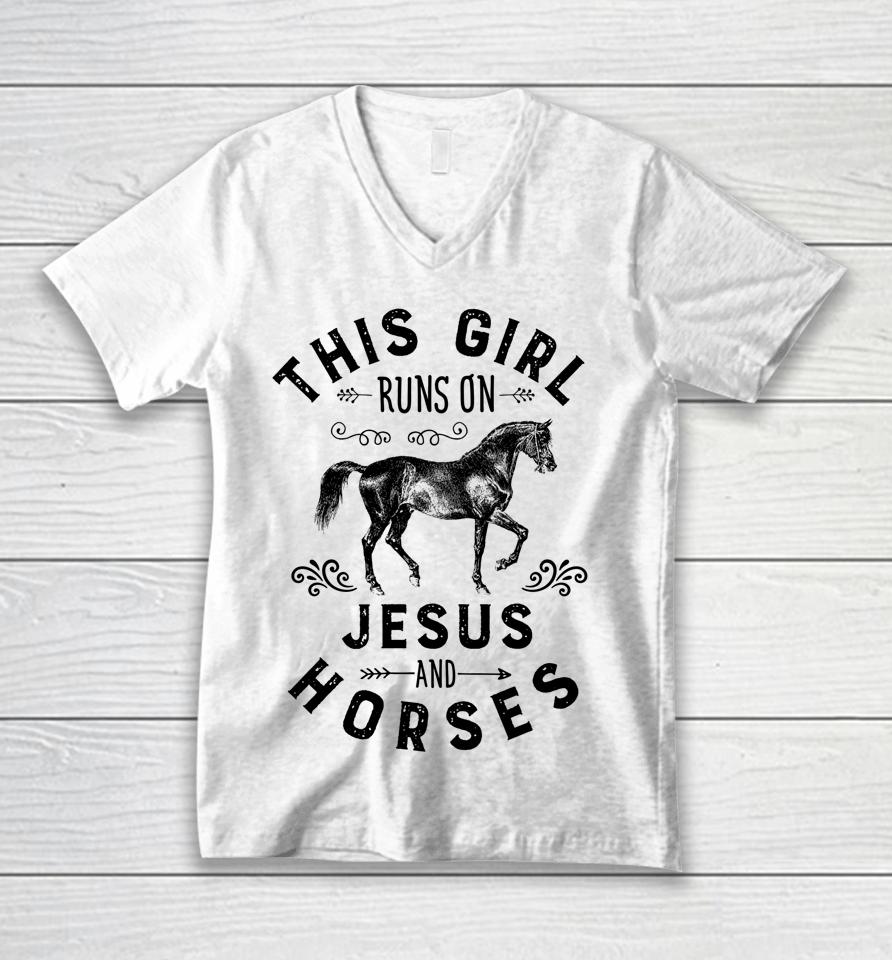 This Girl Runs On Jesus And Horses Unisex V-Neck T-Shirt