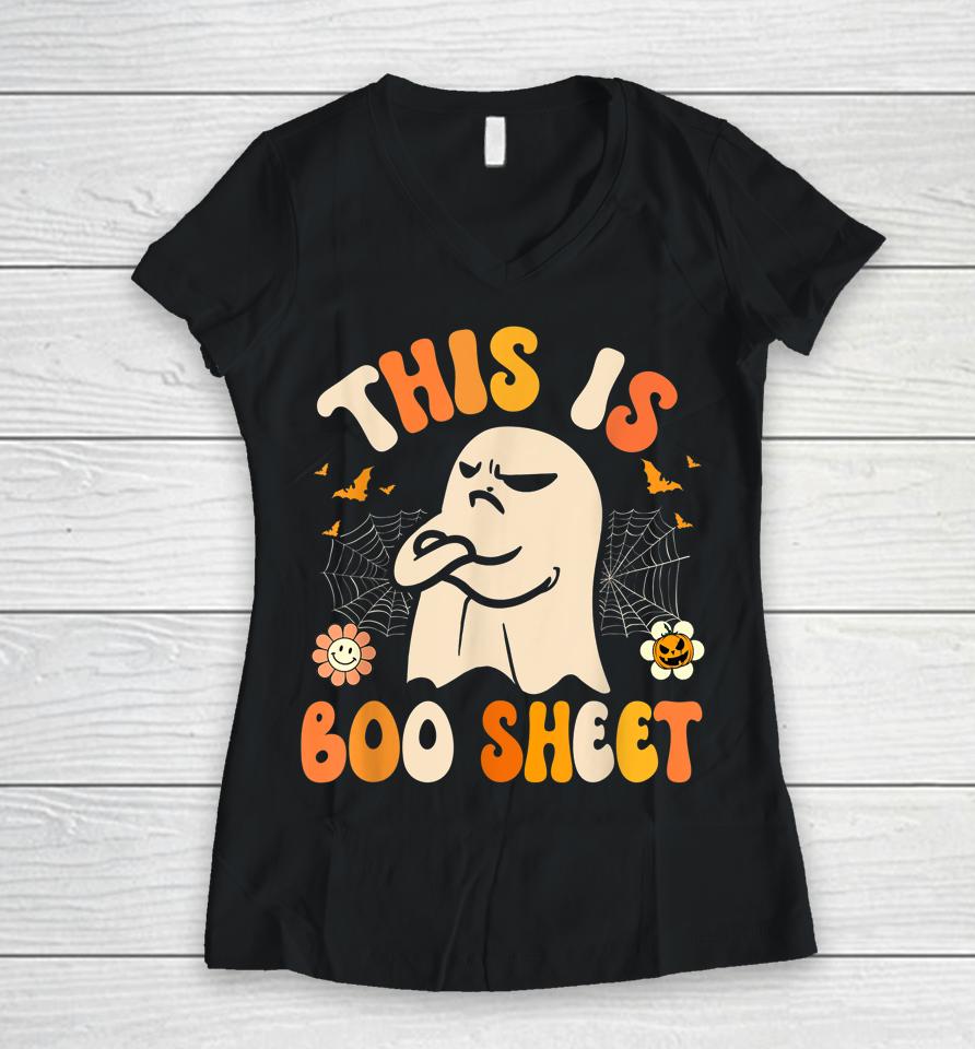 This Is Boo Sheet Ghost Retro Halloween Women V-Neck T-Shirt