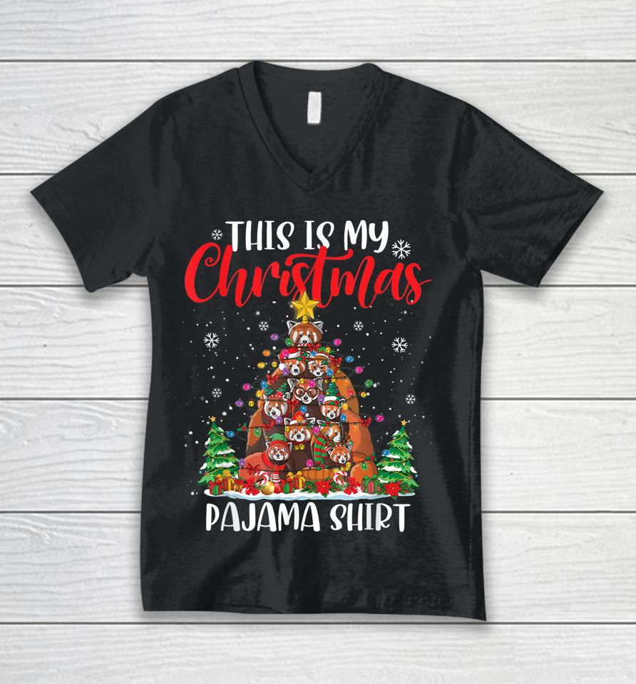 This Is My Christmas Pajama Red Panda Christmas Tree Lights Unisex V-Neck T-Shirt