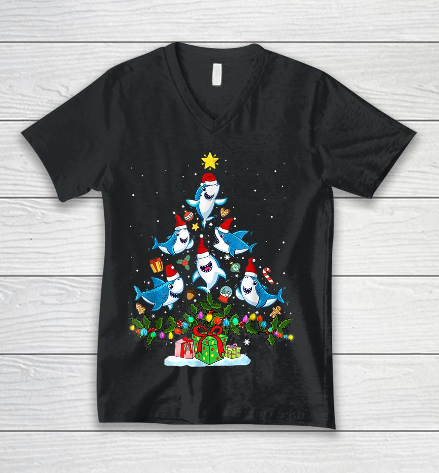 This Is My Christmas Pajama Shirt Funny Christmas Shark Tree Unisex V-Neck T-Shirt