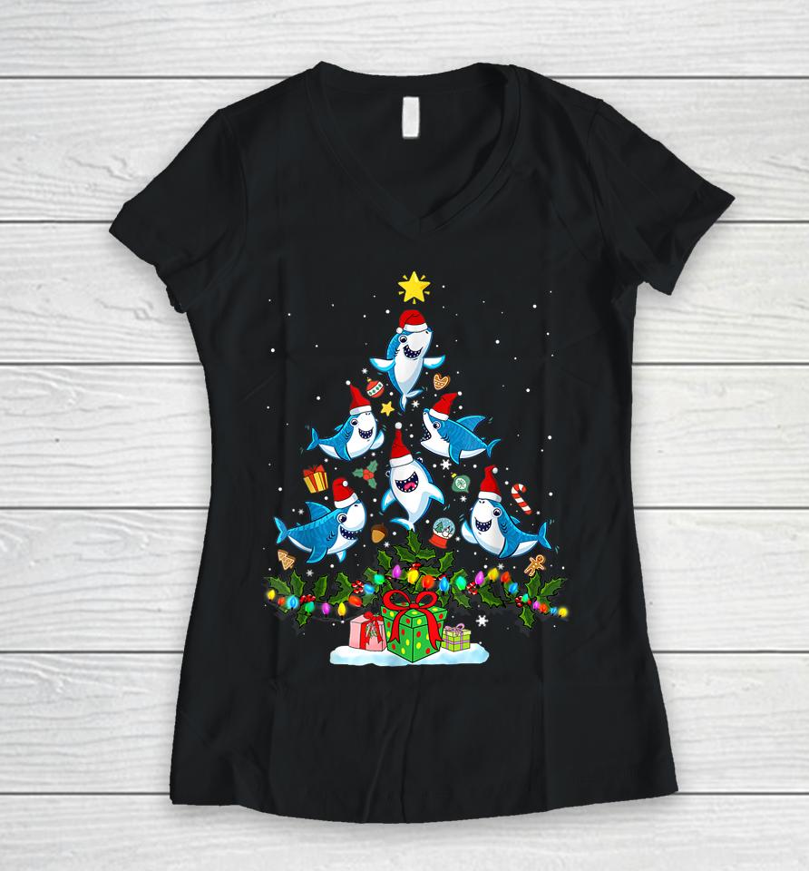 This Is My Christmas Pajama Shirt Funny Christmas Shark Tree Women V-Neck T-Shirt