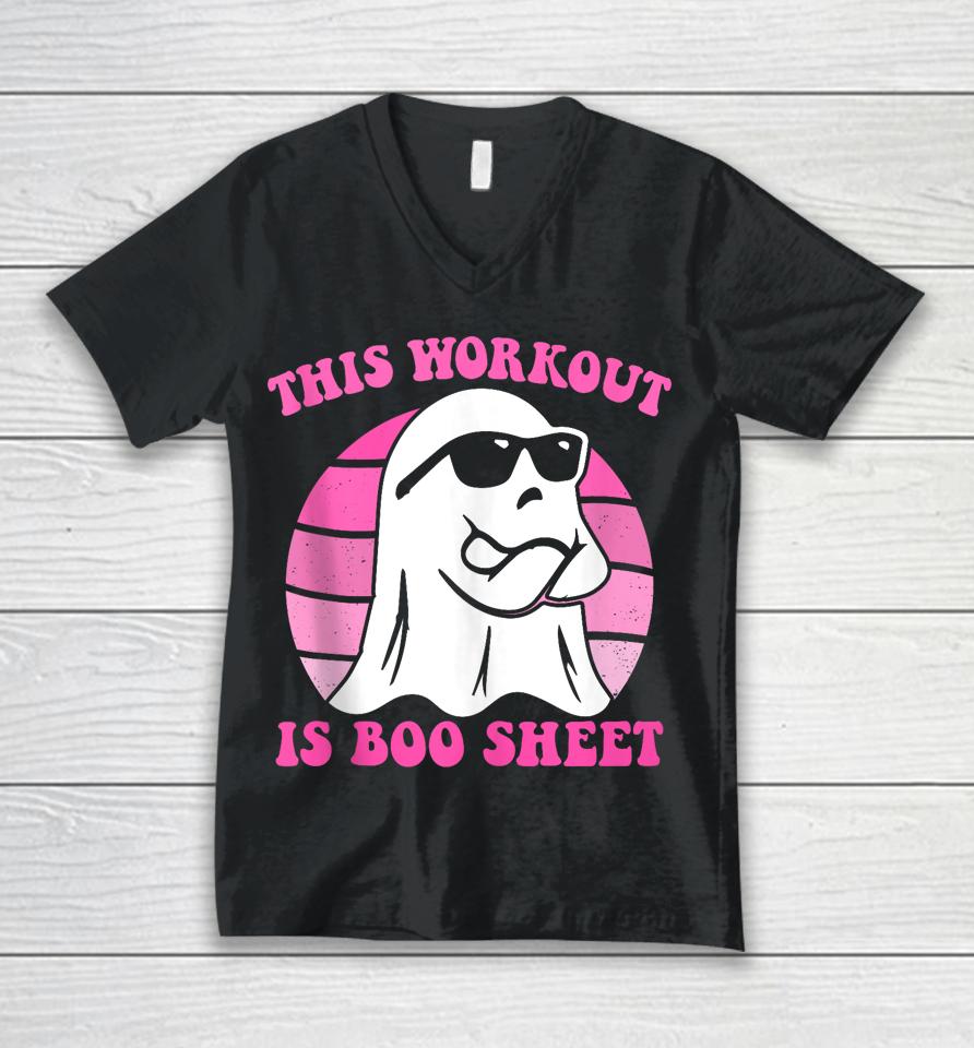This Workout Is Boo Sheet Halloween Gym Ghost Groovy Pink Unisex V-Neck T-Shirt