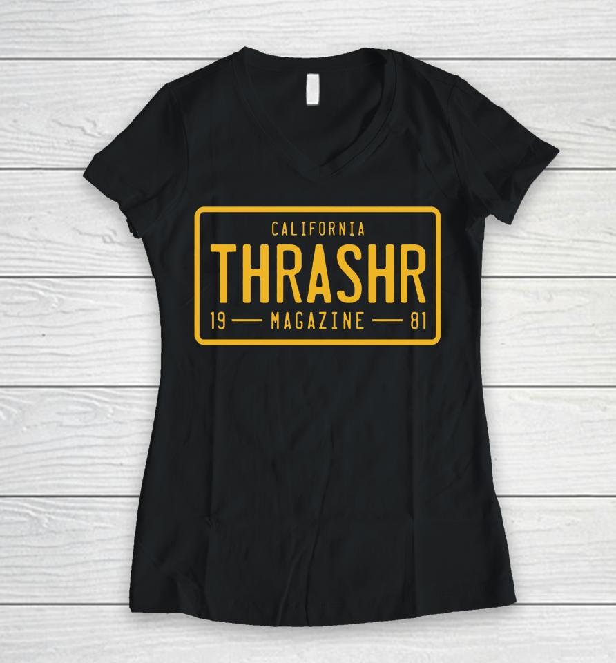 Thrasher Magazine License Plate Women V-Neck T-Shirt