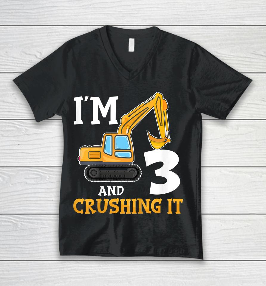 Three 3Yr 3Th Birthday Digger Boy Construction 3 Years Old Unisex V-Neck T-Shirt