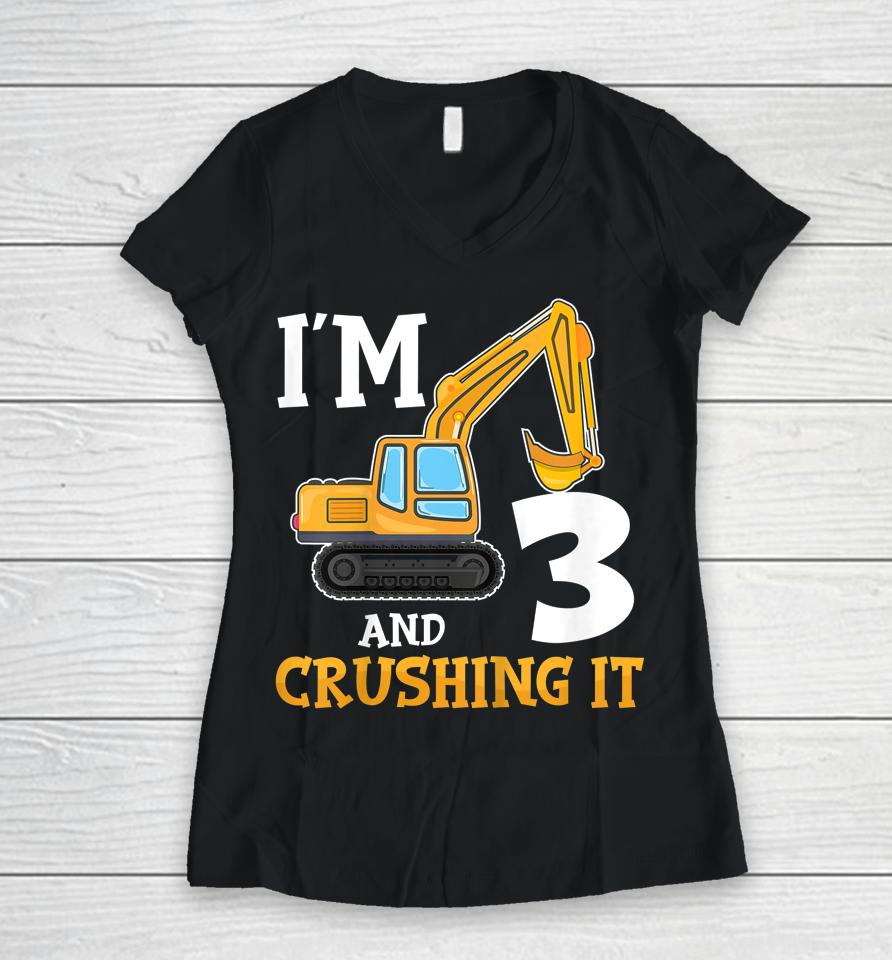 Three 3Yr 3Th Birthday Digger Boy Construction 3 Years Old Women V-Neck T-Shirt