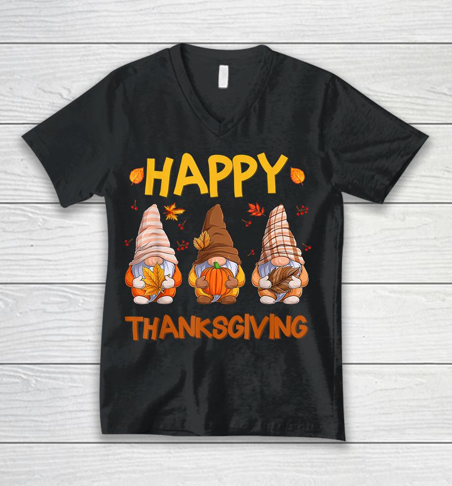 Three Gnomes Happy Thanksgiving Autumn Fall Pumpkin Spice Unisex V-Neck T-Shirt