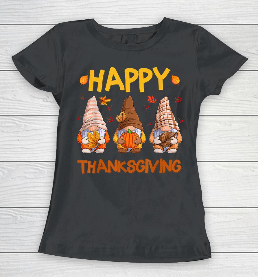 Three Gnomes Happy Thanksgiving Autumn Fall Pumpkin Spice Women T-Shirt