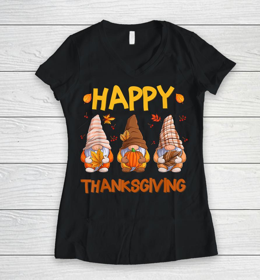 Three Gnomes Happy Thanksgiving Autumn Fall Pumpkin Spice Women V-Neck T-Shirt