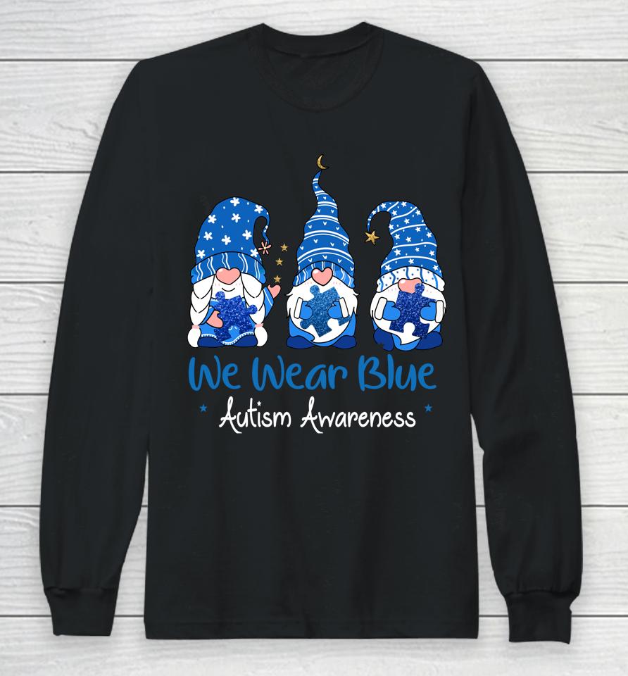 Three Gnomes Holding Blue Puzzle Autism Awareness Long Sleeve T-Shirt