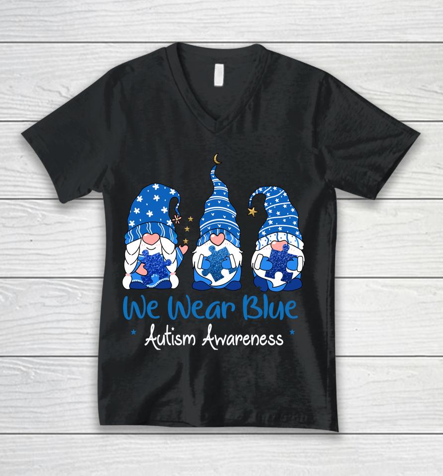 Three Gnomes Holding Blue Puzzle Autism Awareness Unisex V-Neck T-Shirt