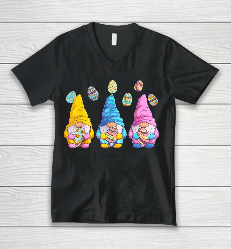 Three Gnomes Holding Eggs Easter Unisex V-Neck T-Shirt