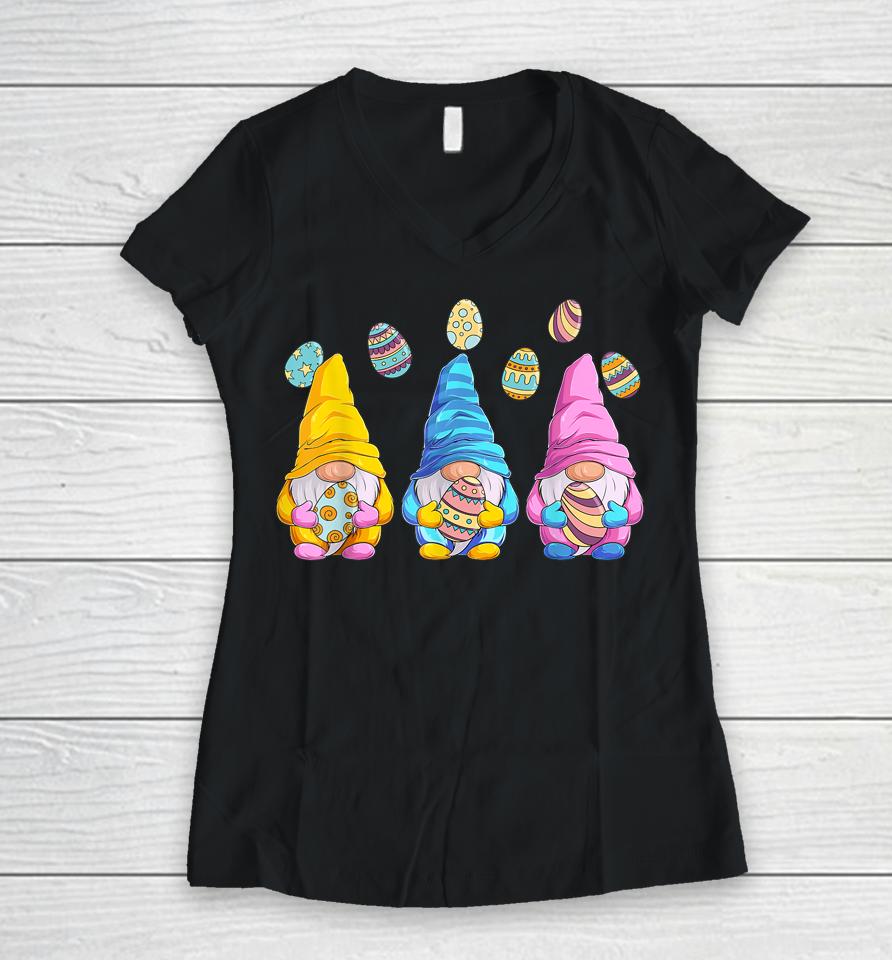Three Gnomes Holding Eggs Easter Women V-Neck T-Shirt
