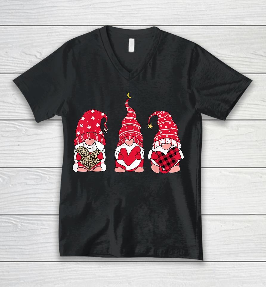 Three Gnomes Holding Heart Leopard Happy Valentine's Day Unisex V-Neck T-Shirt