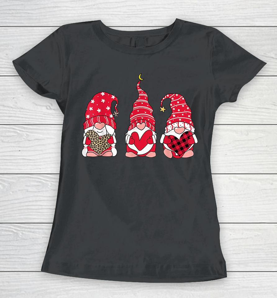 Three Gnomes Holding Heart Leopard Happy Valentine's Day Women T-Shirt