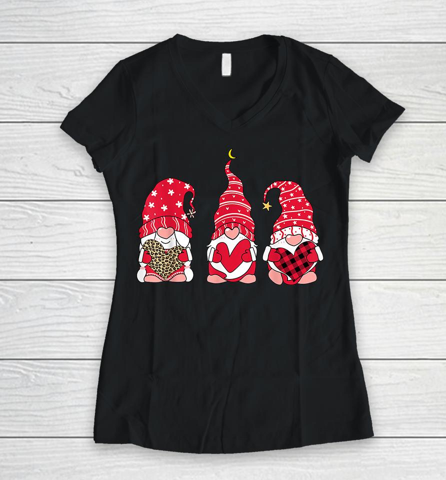Three Gnomes Holding Heart Leopard Happy Valentine's Day Women V-Neck T-Shirt