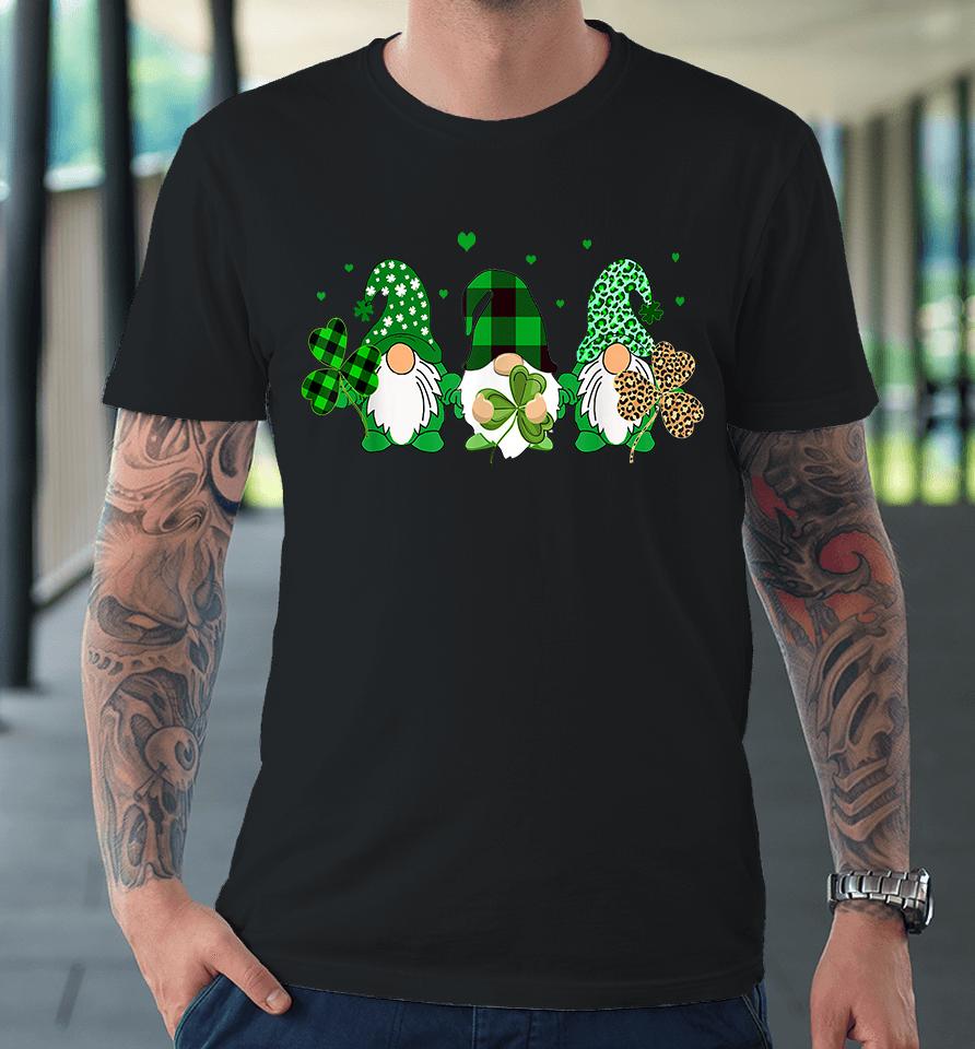 Three Gnomes Holding Shamrock Leopard Plaid St Patrick's Day Premium T-Shirt