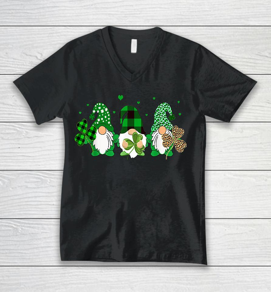 Three Gnomes Holding Shamrock Leopard Plaid St Patrick's Day Unisex V-Neck T-Shirt