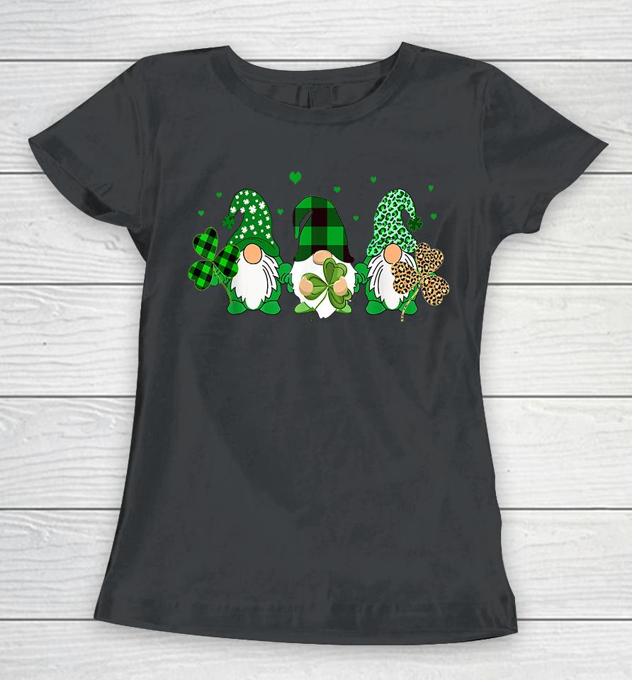 Three Gnomes Holding Shamrock Leopard Plaid St Patrick's Day Women T-Shirt