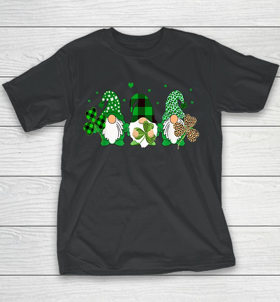 Three Gnomes Holding Shamrock Leopard Plaid St Patrick's Day Youth T-Shirt