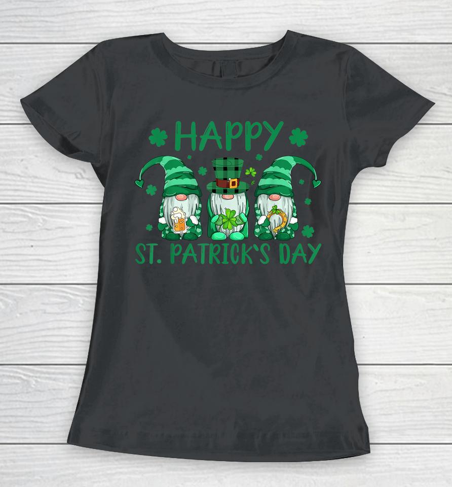Three Gnomes Holding Shamrock St Patrick's Day Women T-Shirt