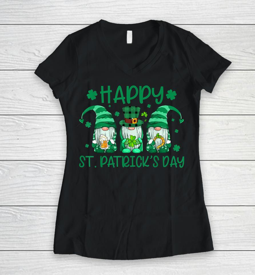 Three Gnomes Holding Shamrock St Patrick's Day Women V-Neck T-Shirt