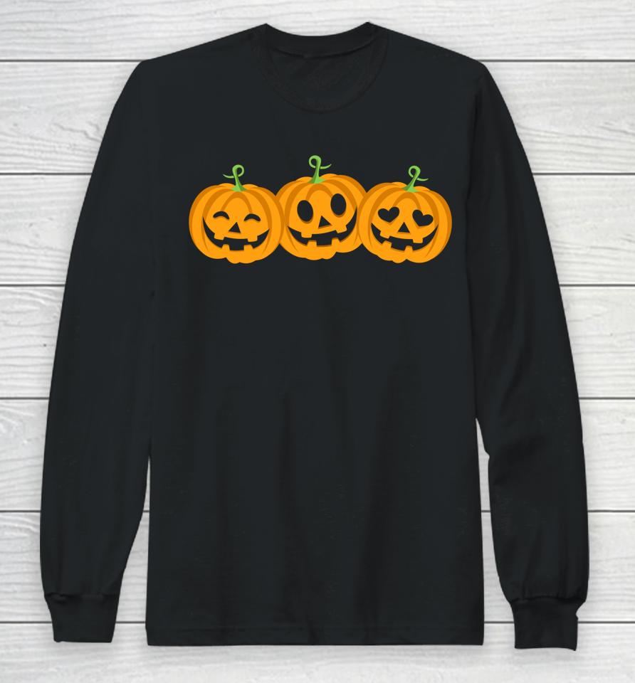 Three Halloween Pumpkins Jack O Lantern Faces Long Sleeve T-Shirt