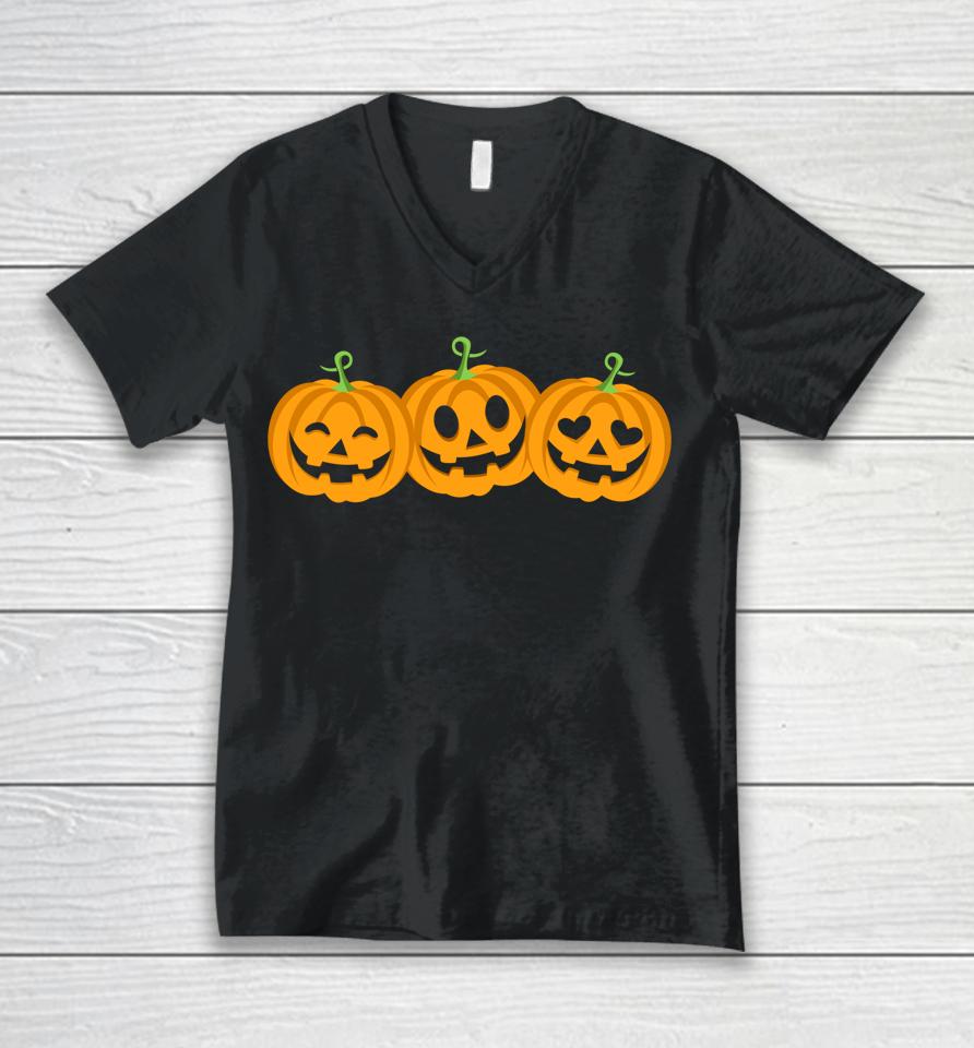 Three Halloween Pumpkins Jack O Lantern Faces Unisex V-Neck T-Shirt