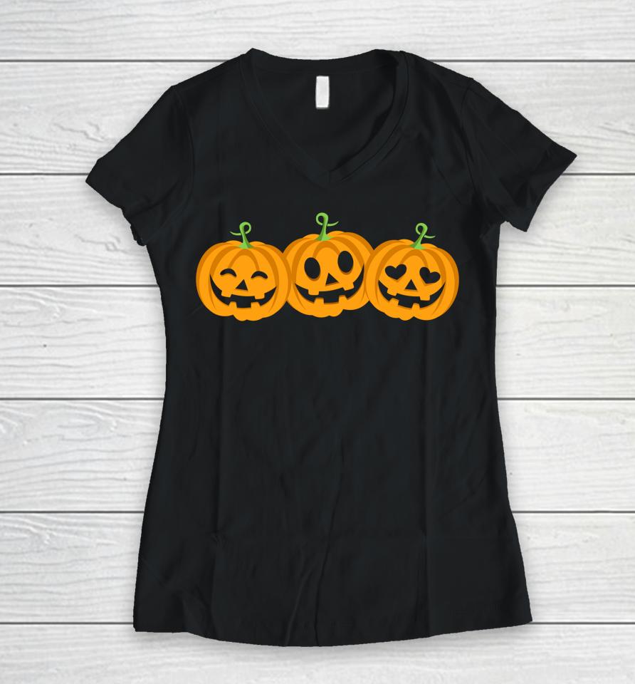 Three Halloween Pumpkins Jack O Lantern Faces Women V-Neck T-Shirt