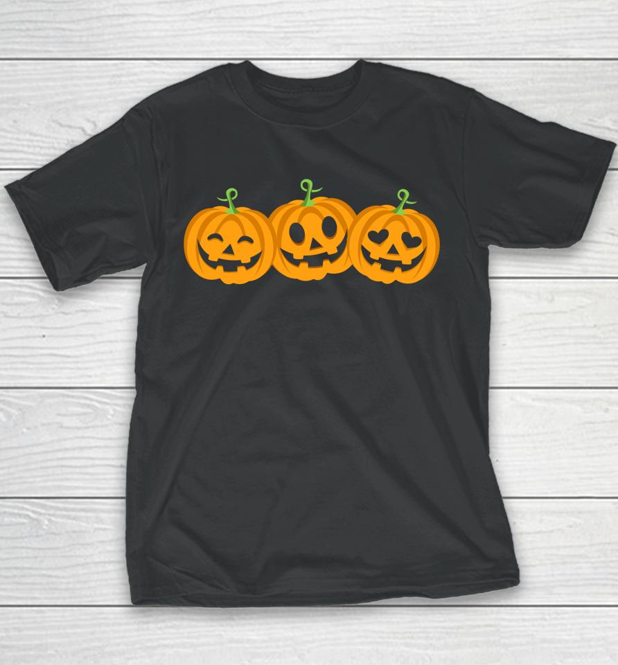Three Halloween Pumpkins Jack O Lantern Faces Youth T-Shirt