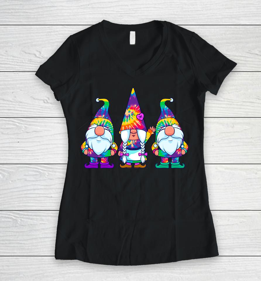 Three Hippie Gnomes Tie Dye Vintage Women V-Neck T-Shirt