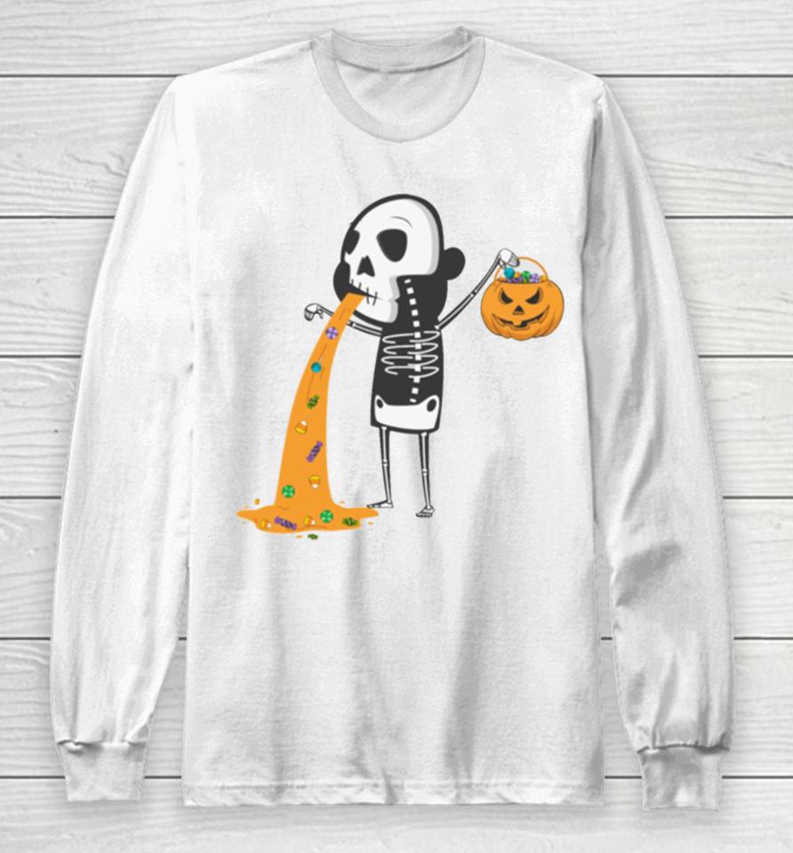 Throwing Up Candy Funny Humorou Halloween Skeleton Long Sleeve T-Shirt