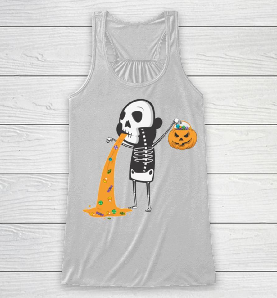 Throwing Up Candy Funny Humorou Halloween Skeleton Racerback Tank