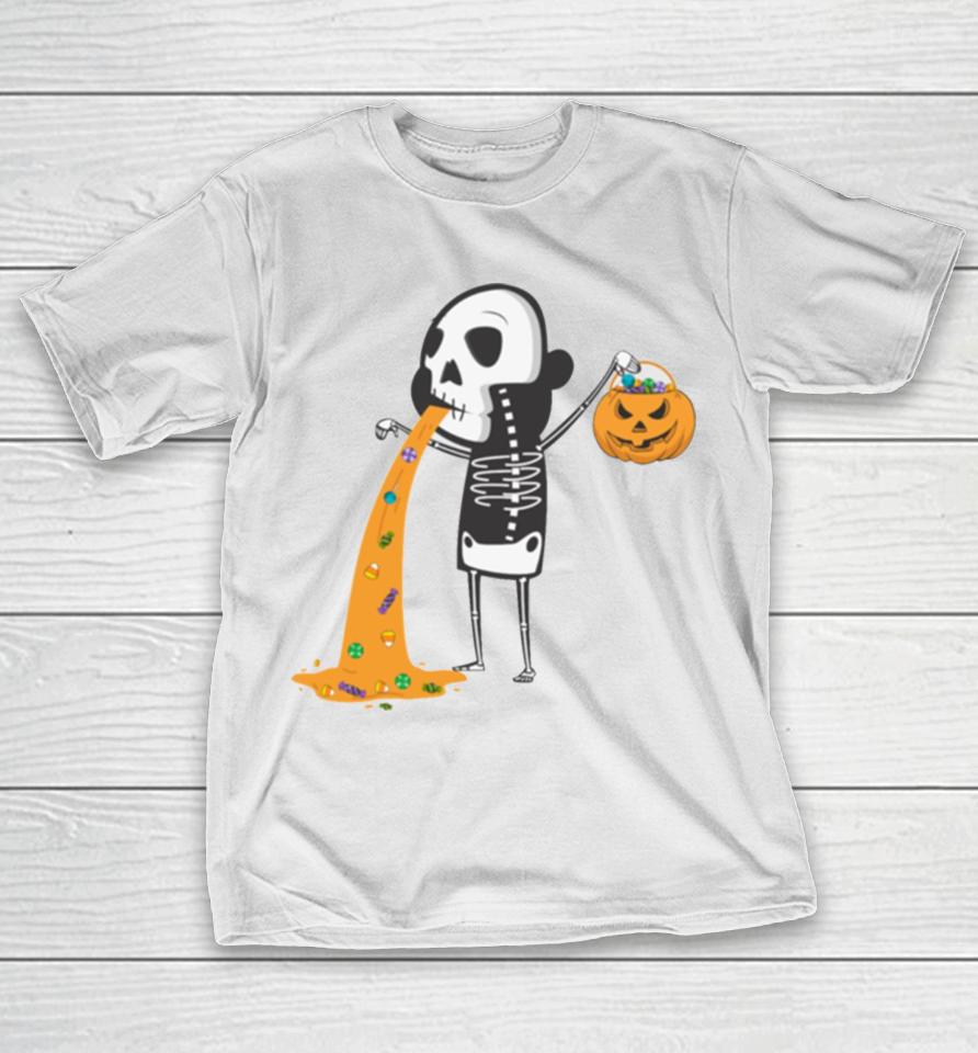 Throwing Up Candy Funny Humorou Halloween Skeleton T-Shirt