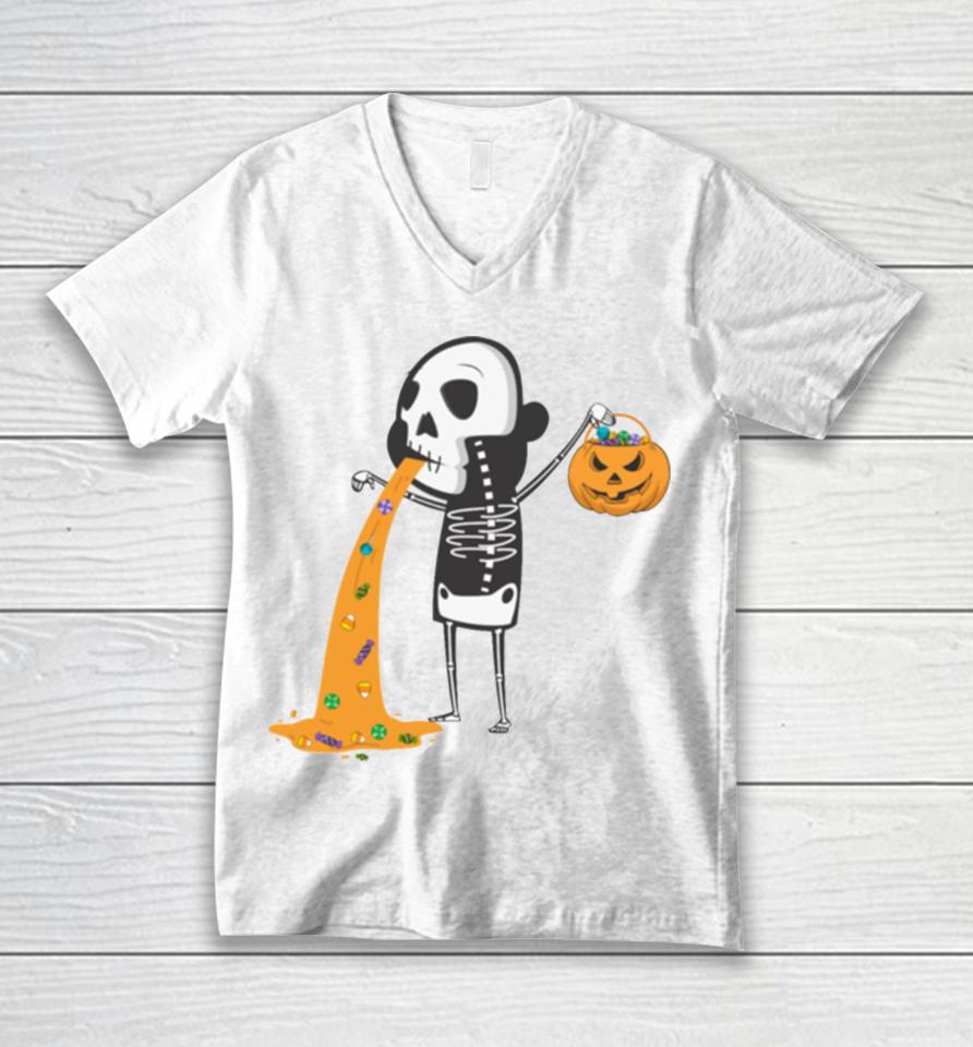 Throwing Up Candy Funny Humorou Halloween Skeleton Unisex V-Neck T-Shirt