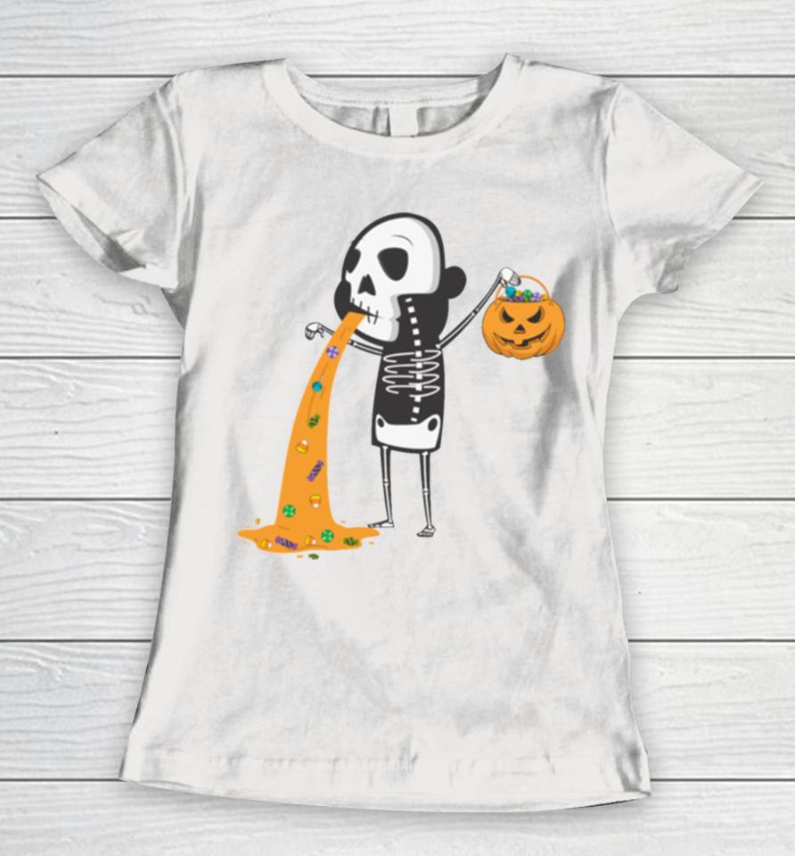Throwing Up Candy Funny Humorou Halloween Skeleton Women T-Shirt