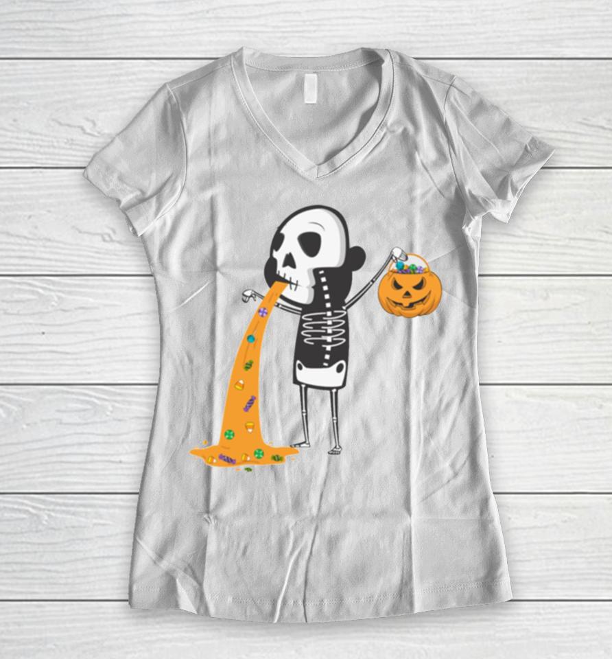 Throwing Up Candy Funny Humorou Halloween Skeleton Women V-Neck T-Shirt