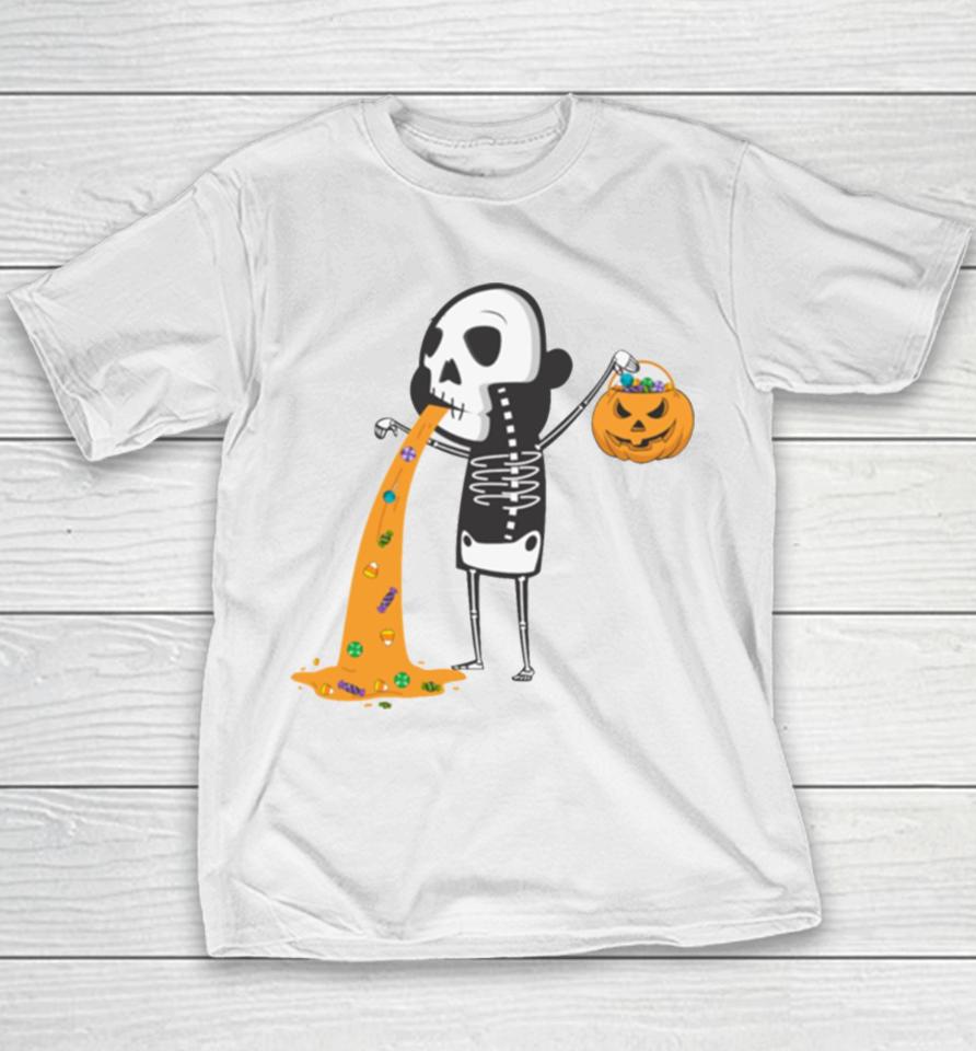 Throwing Up Candy Funny Humorou Halloween Skeleton Youth T-Shirt