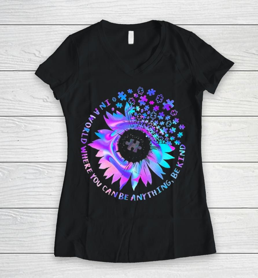 Tie Dye Be Kind Autism Awareness Kindness Sunflower Puzzle Women V-Neck T-Shirt
