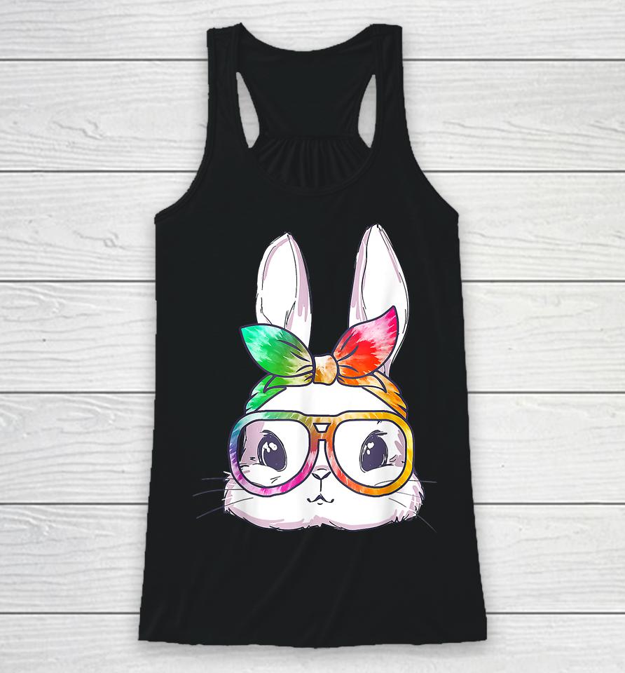 Tie Dye Cute Bunny Rabbit Face Glasses Girl Happy Easter Day Racerback Tank